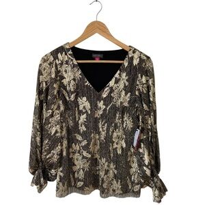 Vince Camuto NWT Gold Metallic Black Floral V Neck Puff Sleeve Blouse Top Small